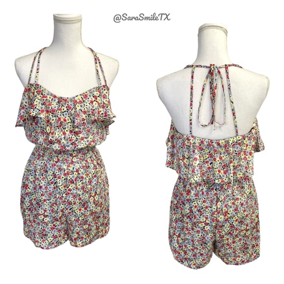 BCBGENERATION Strappy Ruffle Colorful Floral Shorts Romper - Picture 1 of 14